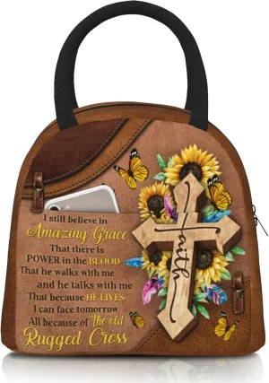 Christian Insulated Lunch Bag Bible Verses Lunch Box for Women Inspirational Spiritual Cross Sunflower Lunchbox Religious Reusable LunchTote Bag for Church Office Work Travel