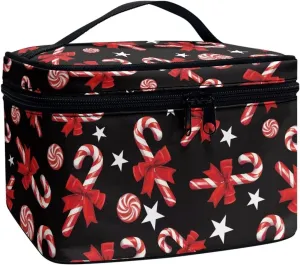 Christmas Candy Bow Makeup Bag Top Zipper, Protable Lady Makup Bag with 5 Slots Large Capacity Cosmetic Bag Black