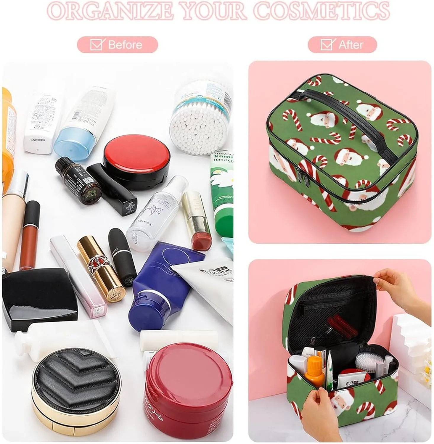 Christmas Portable Cosmetic Bag,Large Capacity Travel Makeup Case Organizer, Women Toiletry Bag for Girls Traveling with Compartments 25x18x15cm