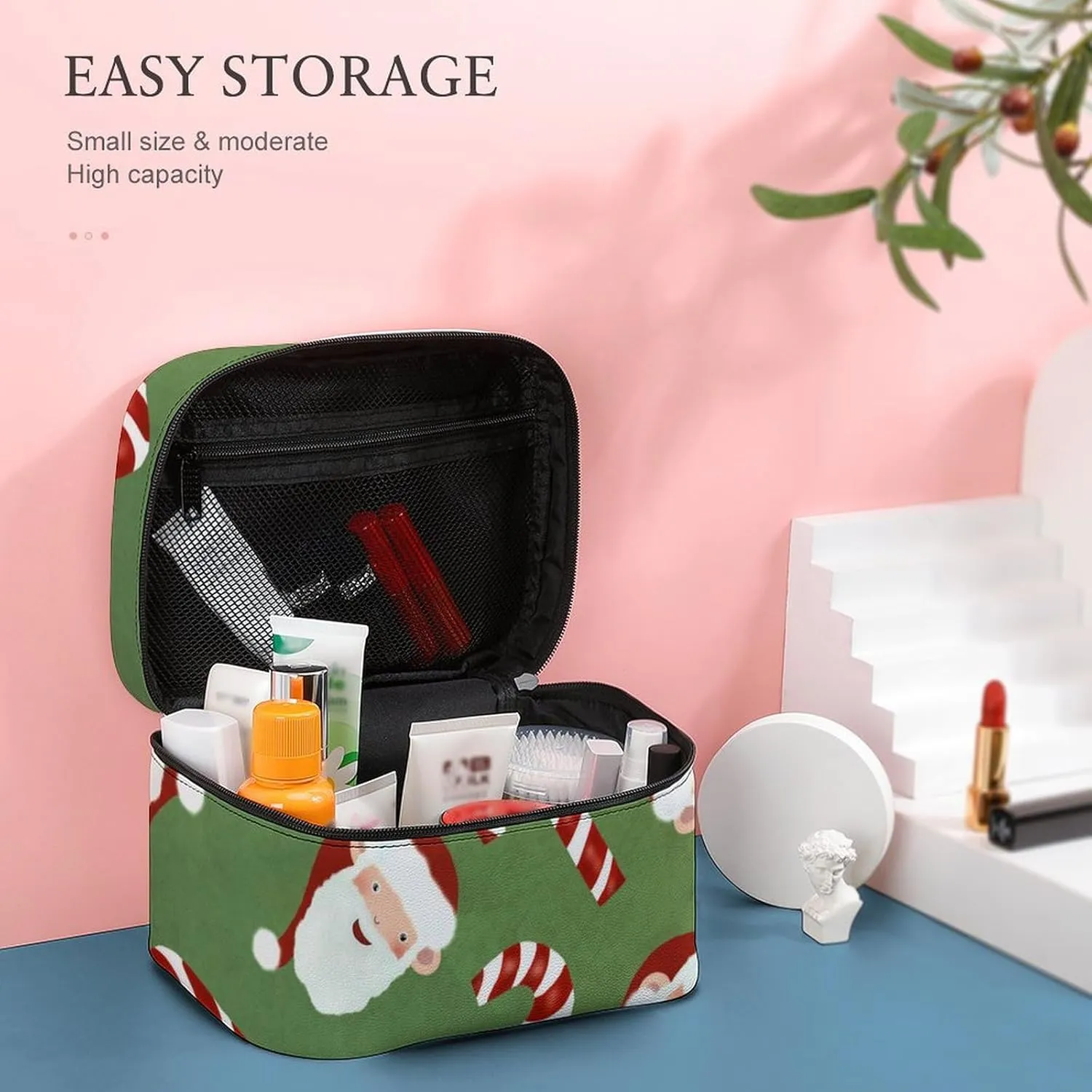 Christmas Portable Cosmetic Bag,Large Capacity Travel Makeup Case Organizer, Women Toiletry Bag for Girls Traveling with Compartments 25x18x15cm