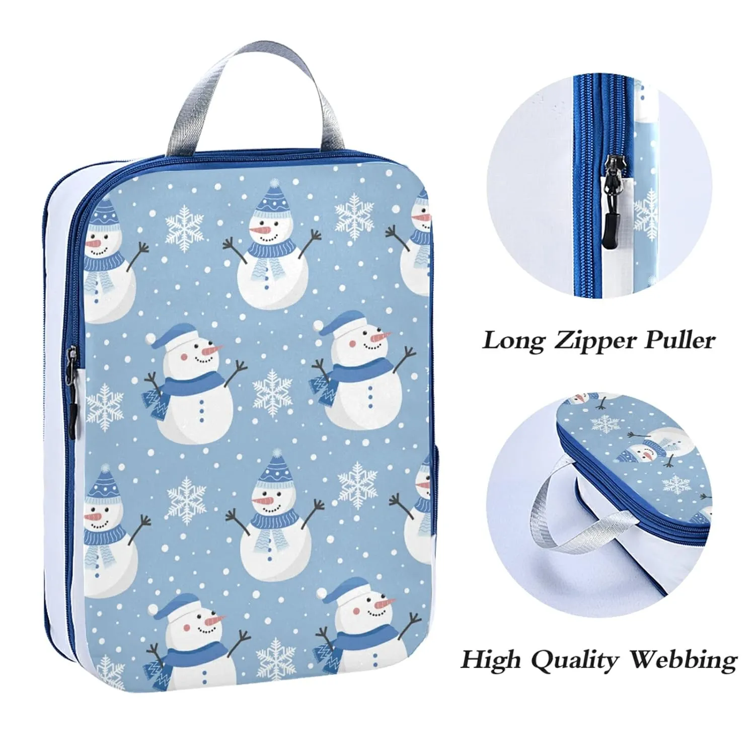 Christmas Snowman Dressed in Blue with Winter Snowflakes Snow on Blue 3 Piece set Cubes Expandable Adjustable Luggage Packing Bags, Ultralight Organizer Accessories Travel Suitcase Compressible Bags