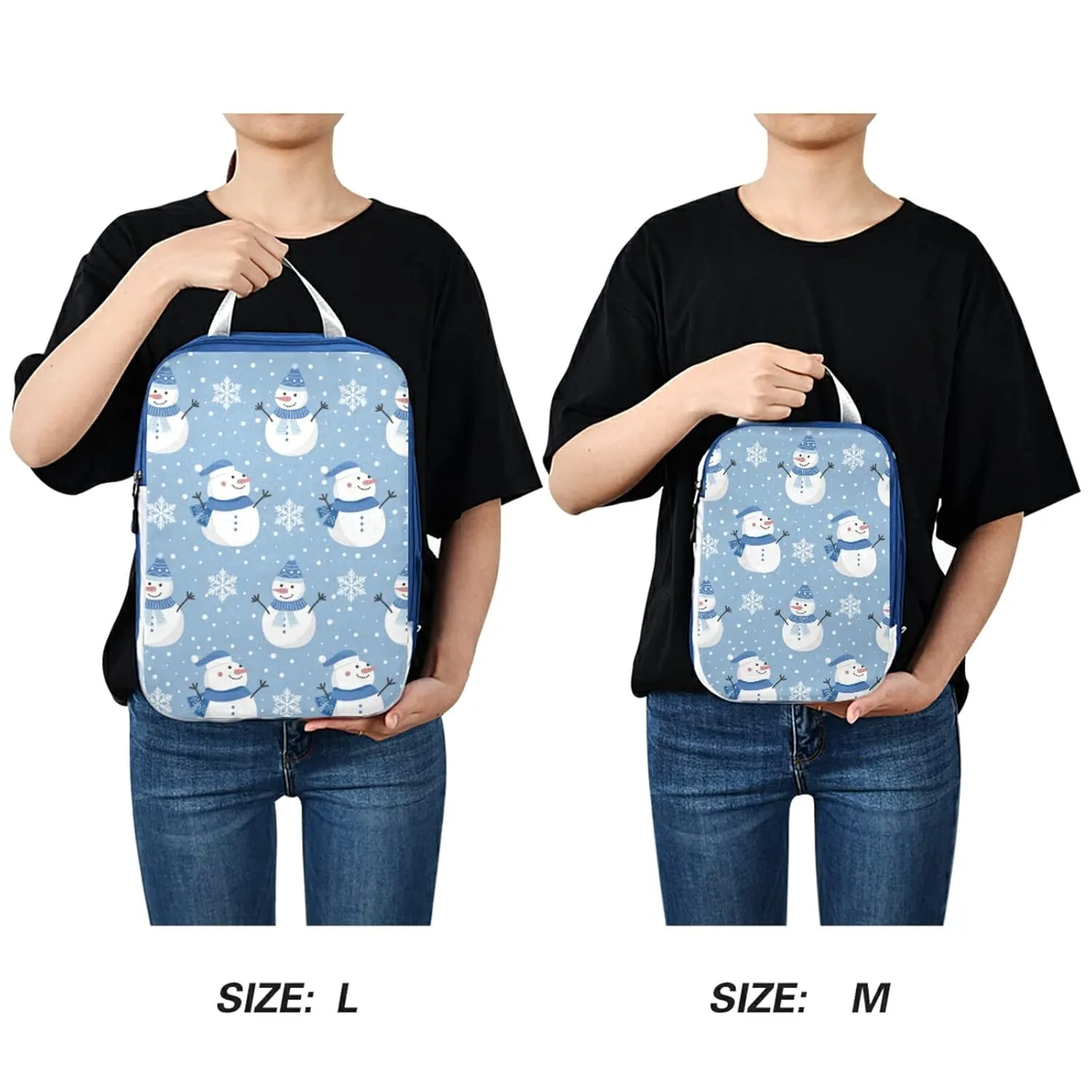 Christmas Snowman Dressed in Blue with Winter Snowflakes Snow on Blue 3 Piece set Cubes Expandable Adjustable Luggage Packing Bags, Ultralight Organizer Accessories Travel Suitcase Compressible Bags