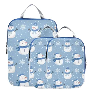 Christmas Snowman Dressed in Blue with Winter Snowflakes Snow on Blue 3 Piece set Cubes Expandable Adjustable Luggage Packing Bags, Ultralight Organizer Accessories Travel Suitcase Compressible Bags