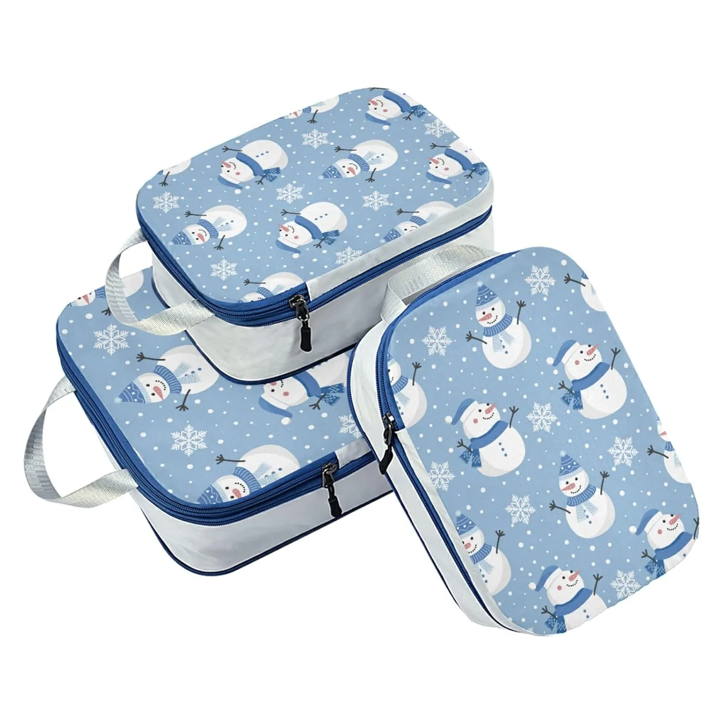 Christmas Snowman Dressed in Blue with Winter Snowflakes Snow on Blue 3 Piece set Cubes Expandable Adjustable Luggage Packing Bags, Ultralight Organizer Accessories Travel Suitcase Compressible Bags