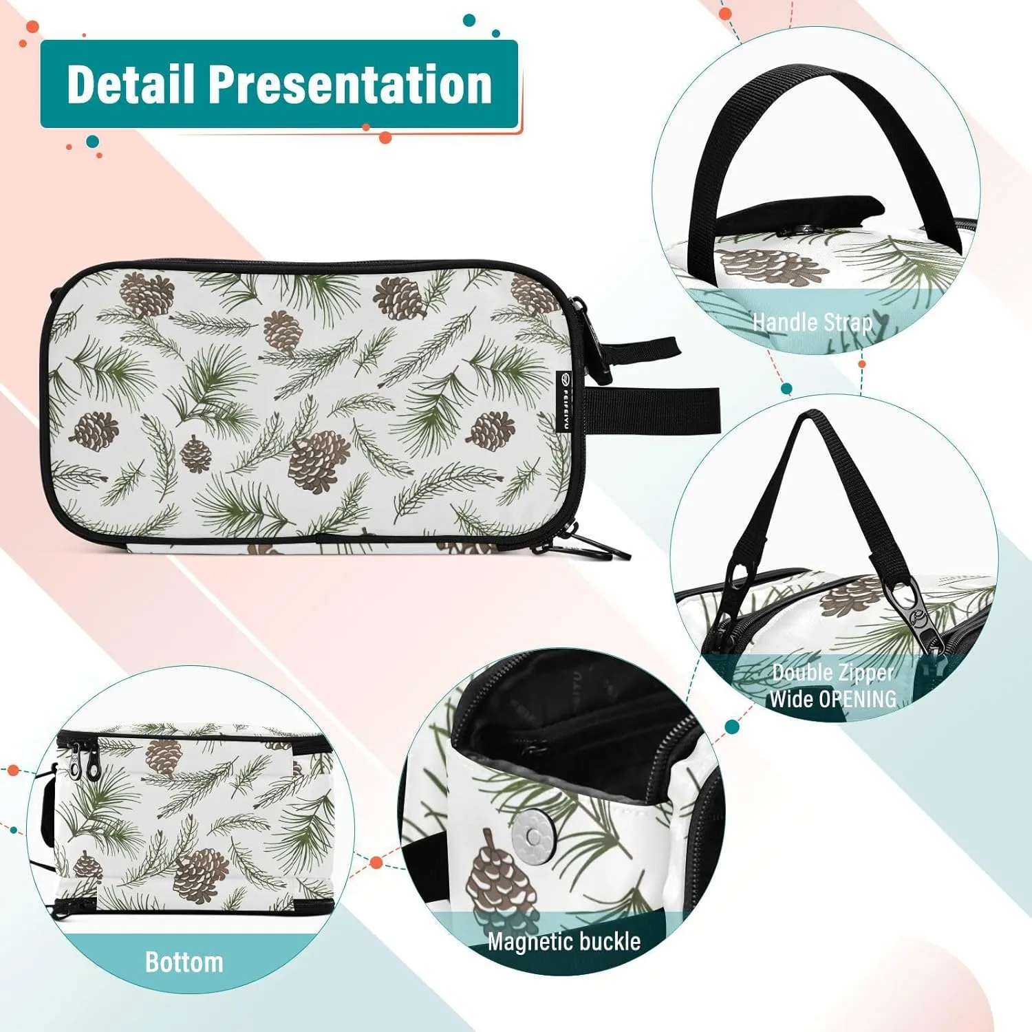 Christmas Tree Green Branches, Pine Cone Fir, Spruce Women's Portable Makeup Bag with Handle, Cosmetic Bag, Travel Cosmetic Bag Durable Toiletry Storage Organizer 11 x 7 x 5.7 inch