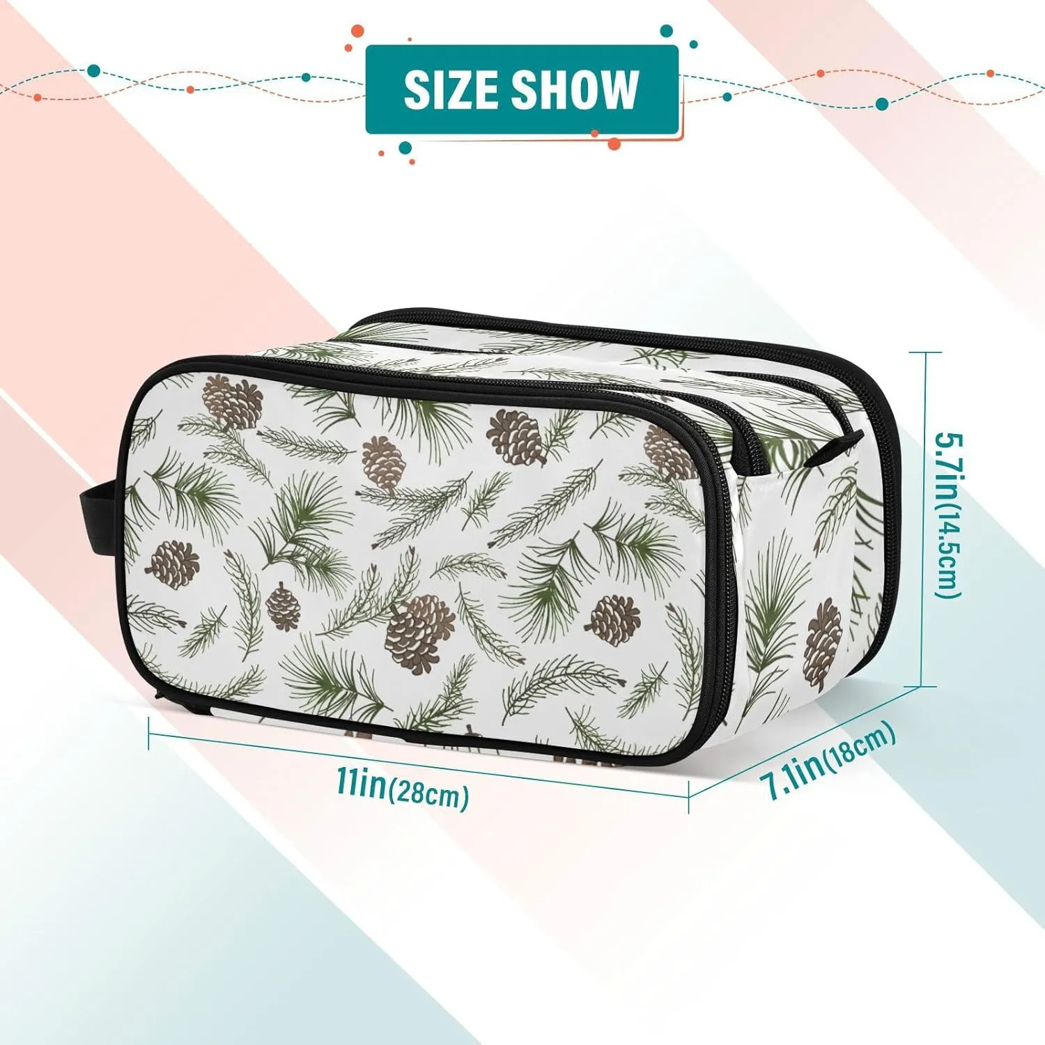 Christmas Tree Green Branches, Pine Cone Fir, Spruce Women's Portable Makeup Bag with Handle, Cosmetic Bag, Travel Cosmetic Bag Durable Toiletry Storage Organizer 11 x 7 x 5.7 inch
