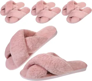 Chuarry 4 Pairs Women's Fuzzy Fluffy Slippers Cross Band Slippers Cozy Bridesmaid Shoes Open Toe Indoor and Outdoor