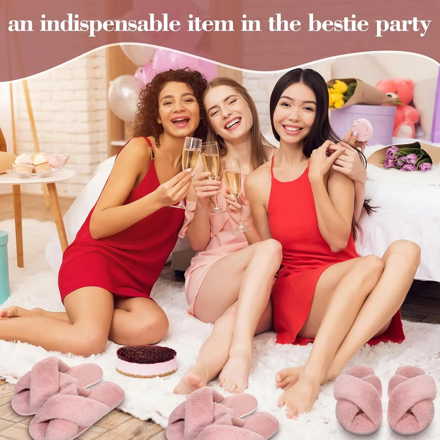Chuarry 4 Pairs Women's Fuzzy Fluffy Slippers Cross Band Slippers Cozy Bridesmaid Shoes Open Toe Indoor and Outdoor