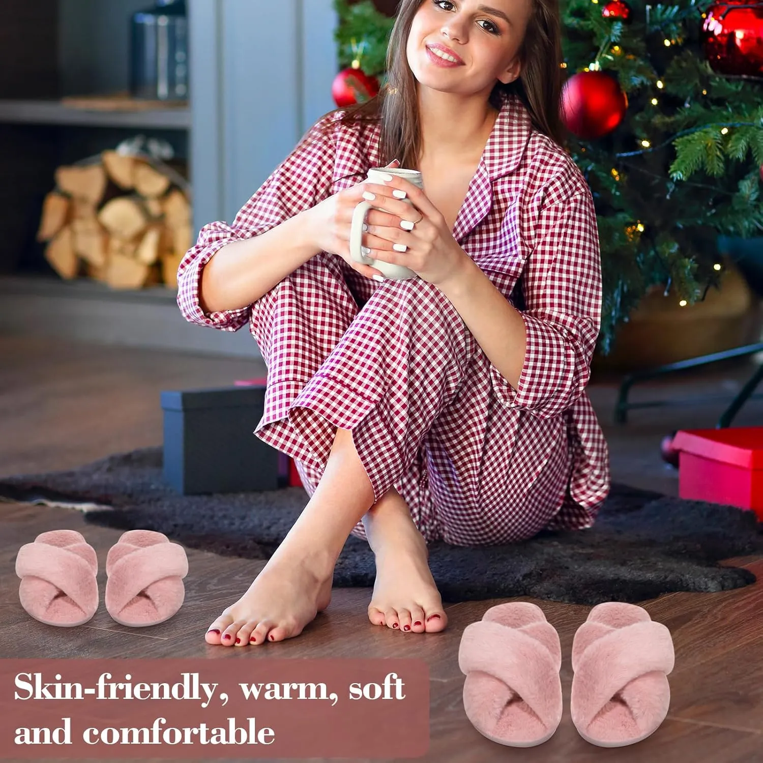 Chuarry 4 Pairs Women's Fuzzy Fluffy Slippers Cross Band Slippers Cozy Bridesmaid Shoes Open Toe Indoor and Outdoor