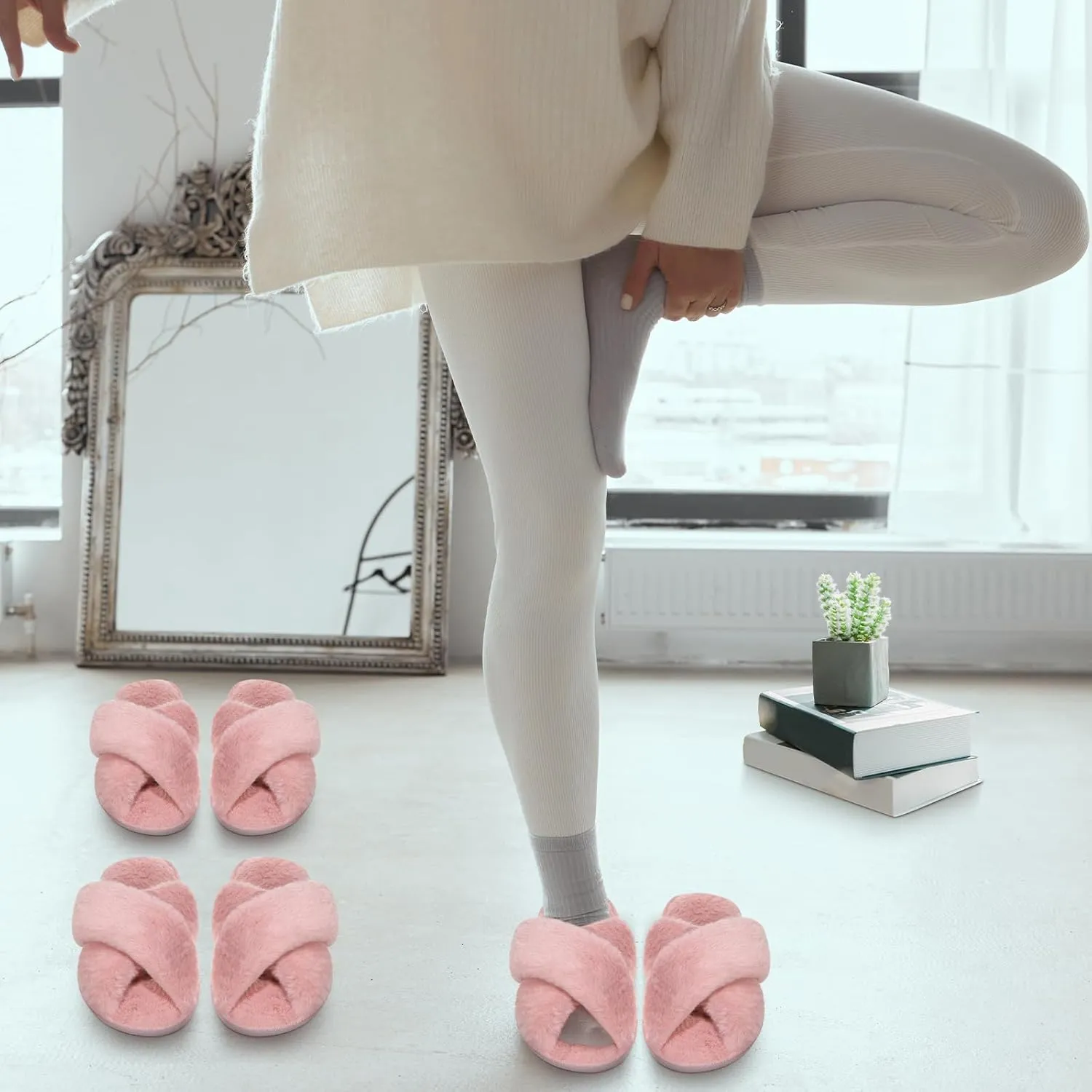 Chuarry 4 Pairs Women's Fuzzy Fluffy Slippers Cross Band Slippers Cozy Bridesmaid Shoes Open Toe Indoor and Outdoor
