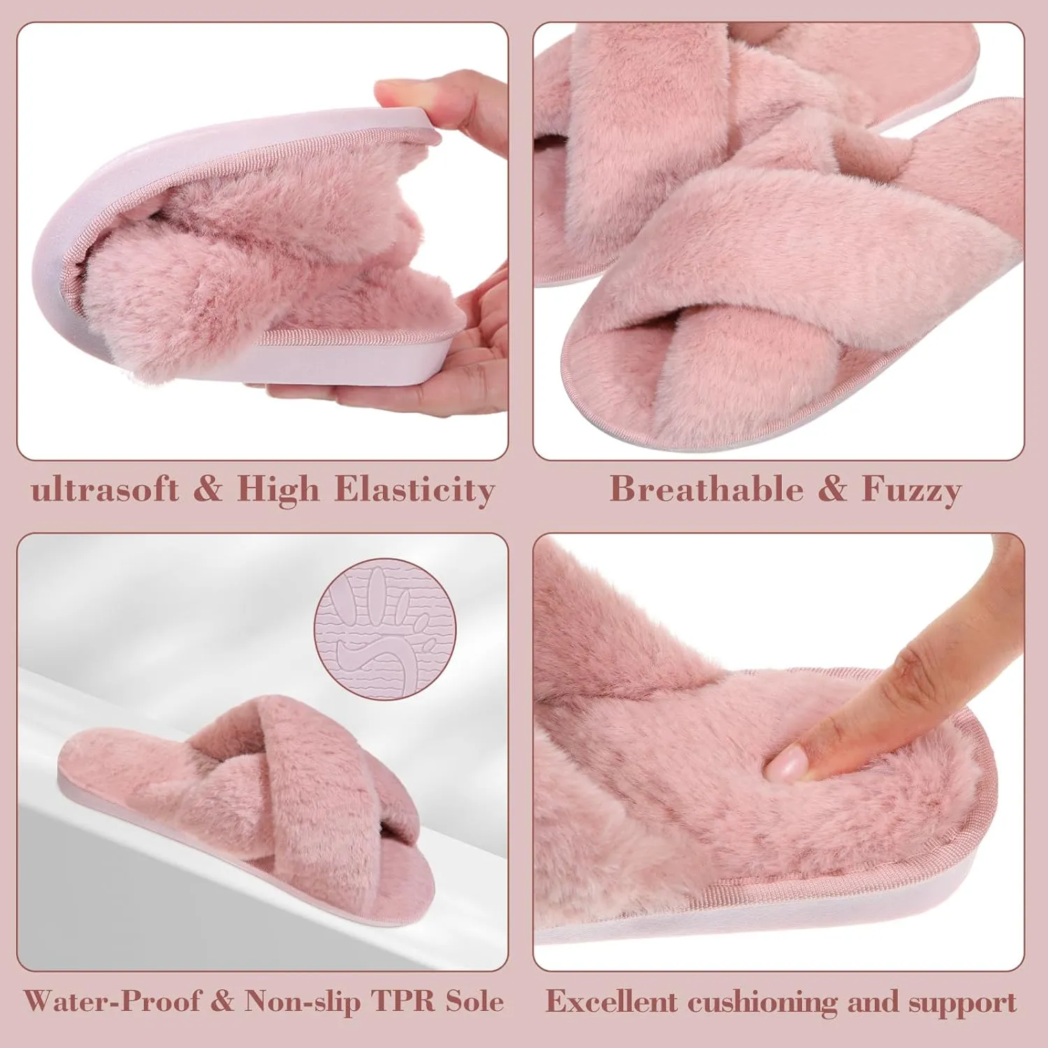 Chuarry 4 Pairs Women's Fuzzy Fluffy Slippers Cross Band Slippers Cozy Bridesmaid Shoes Open Toe Indoor and Outdoor