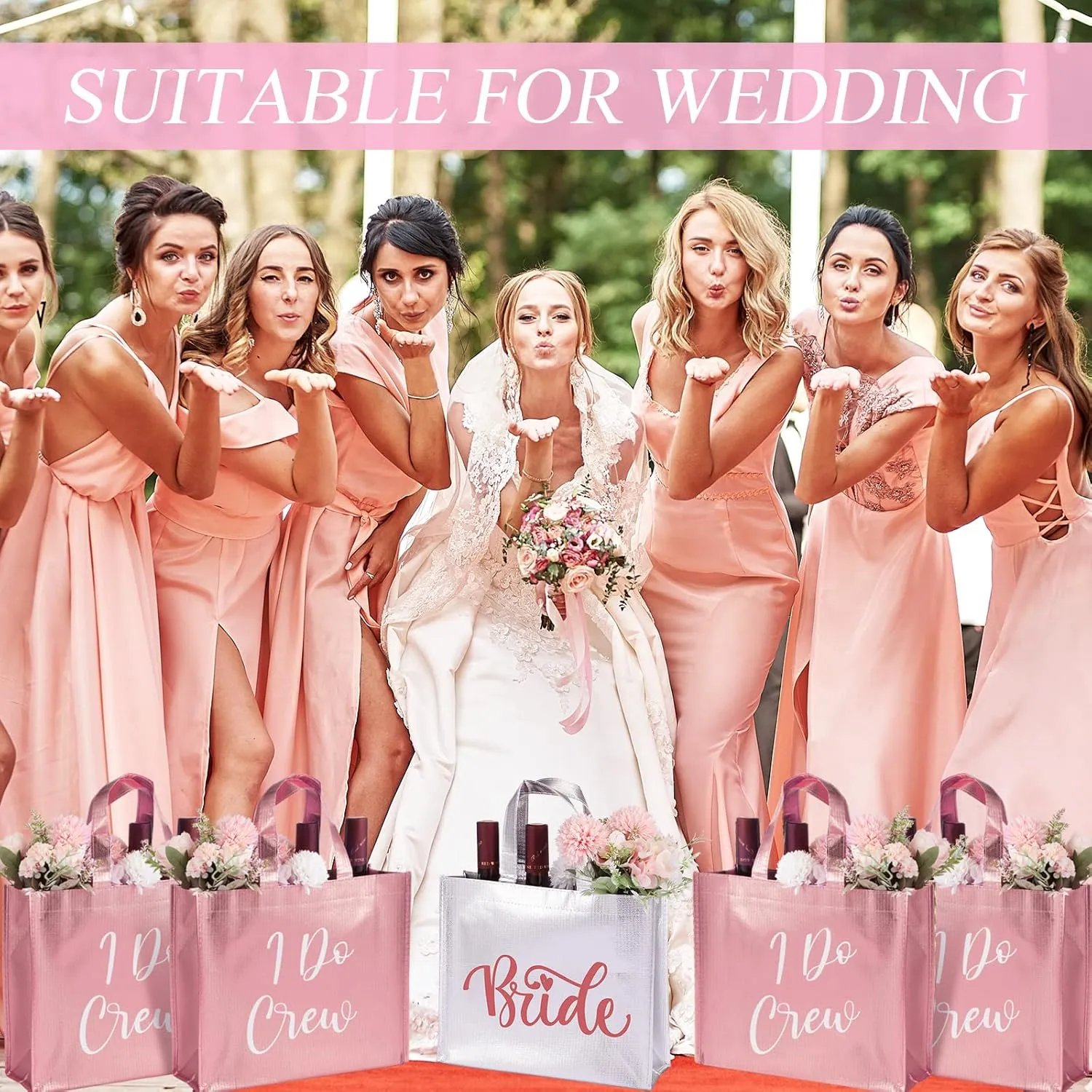 Cindeer 12 Pcs Let's Go Girls Bridesmaid Bags Holographic Bachelorette Gift Bags Glossy Bags(Silver, Rose Gold,I Do Crew)