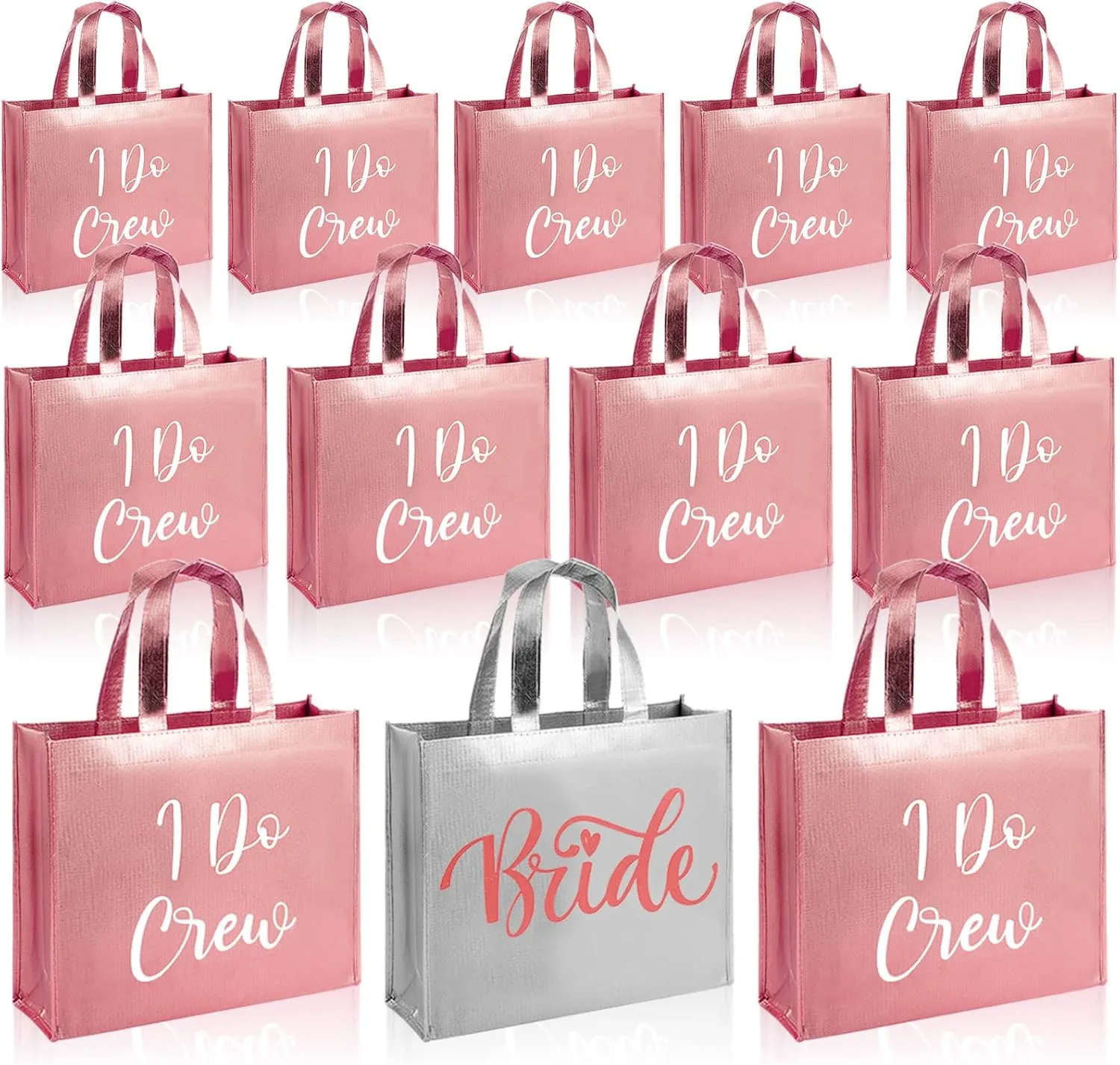 Cindeer 12 Pcs Let's Go Girls Bridesmaid Bags Holographic Bachelorette Gift Bags Glossy Bags(Silver, Rose Gold,I Do Crew)