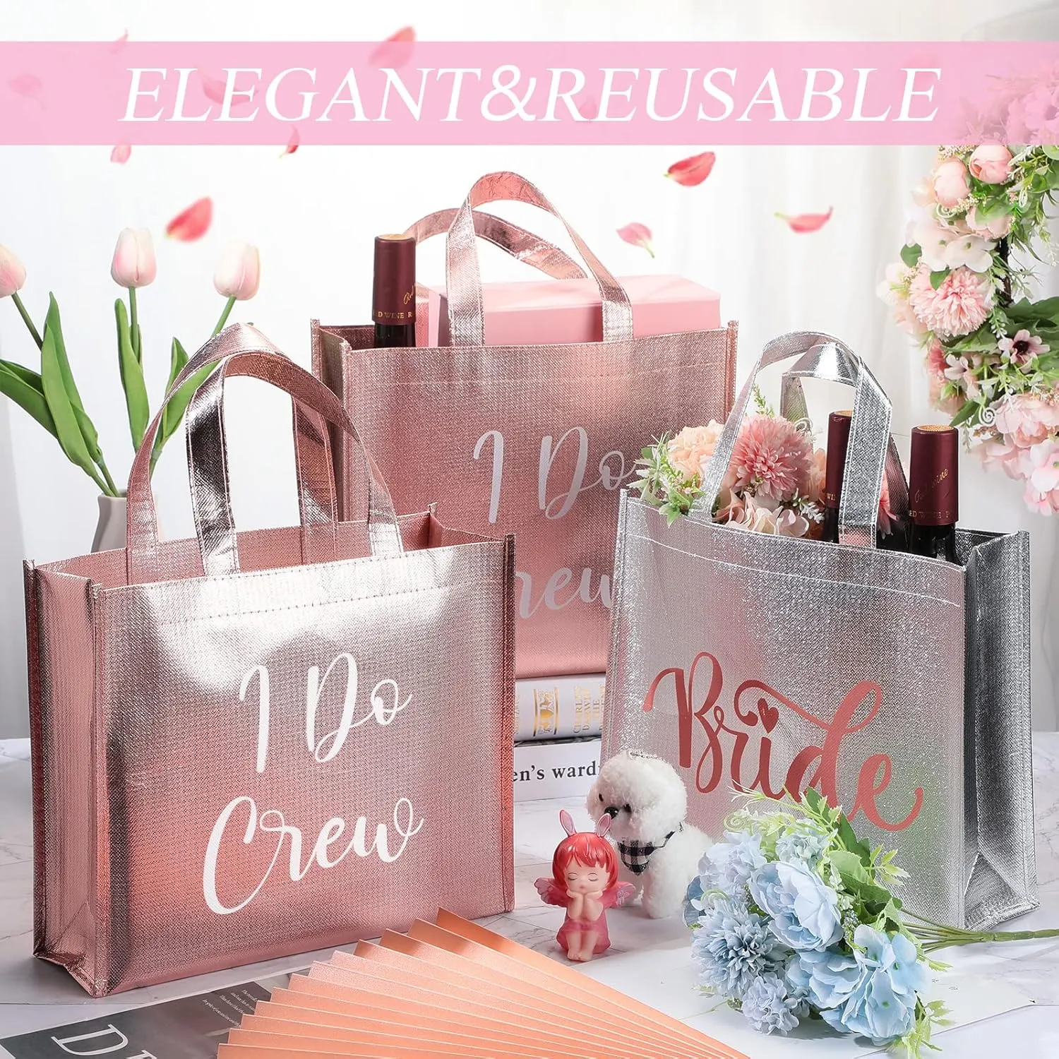 Cindeer 12 Pcs Let's Go Girls Bridesmaid Bags Holographic Bachelorette Gift Bags Glossy Bags(Silver, Rose Gold,I Do Crew)