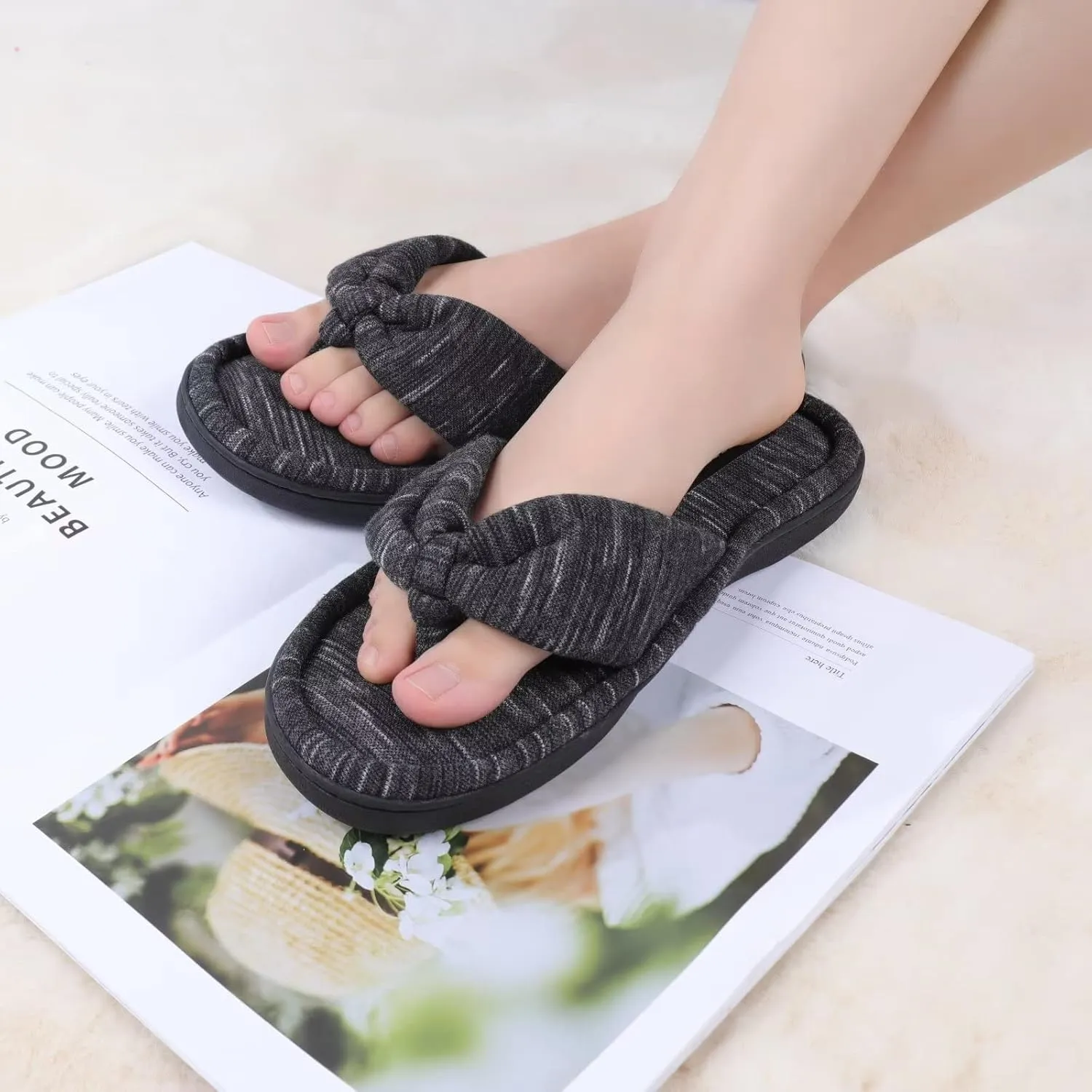 CIOR Women's Cozy Memory Foam Spa Thong Flip Flops House Indoor Slippers Plush Gridding Velvet Lining Clog Style-U1MTW017-0716
