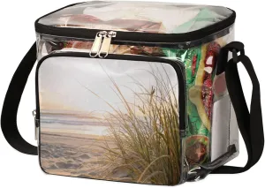 Clear Lunch Bag with Adjustable Strap and Coastal Beach Pattern Printed Front Zipper Pocket Unique See Through Reusable Plastic Lunch Box for Women Men 9.4x8.6x6.3 inch