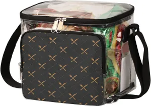 Clear Lunch Bag with Adjustable Strap and Golden Knives and Forks Printed Front Zipper Pocket Unique See Through Reusable Plastic Lunch Box for Women Men 9.4x8.6x6.3 inch