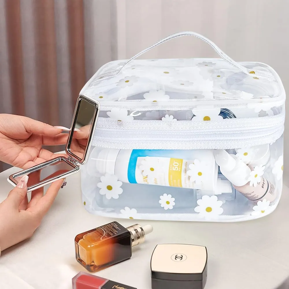 Clear White Flower Cosmetic Bag and Travel Pouch with Handle-Durable PVC Material,Versatile,Zipper Design for Smooth Sliding-Ideal for Makeup,Travel Essentials
