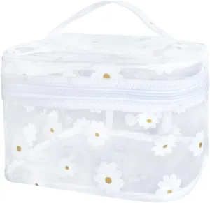Clear White Flower Cosmetic Bag and Travel Pouch with Handle-Durable PVC Material,Versatile,Zipper Design for Smooth Sliding-Ideal for Makeup,Travel Essentials