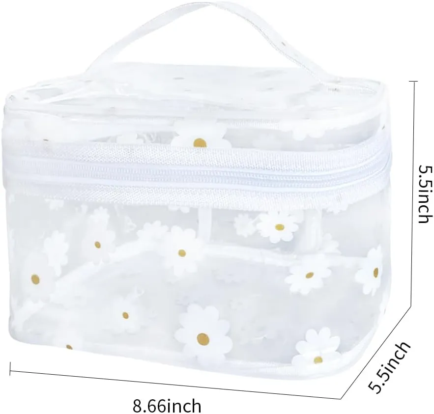 Clear White Flower Cosmetic Bag and Travel Pouch with Handle-Durable PVC Material,Versatile,Zipper Design for Smooth Sliding-Ideal for Makeup,Travel Essentials