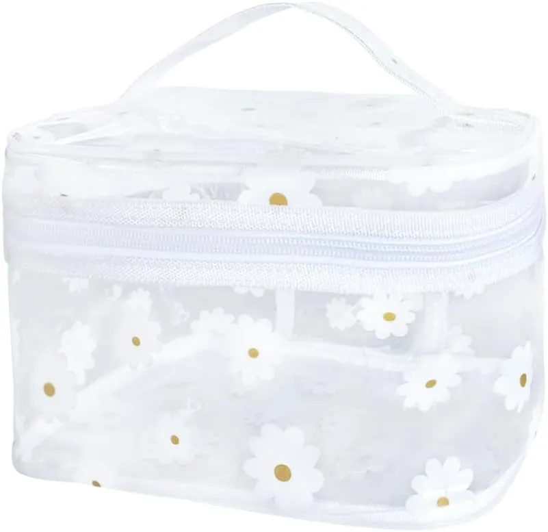 Clear White Flower Cosmetic Bag and Travel Pouch with Handle-Durable PVC Material,Versatile,Zipper Design for Smooth Sliding-Ideal for Makeup,Travel Essentials