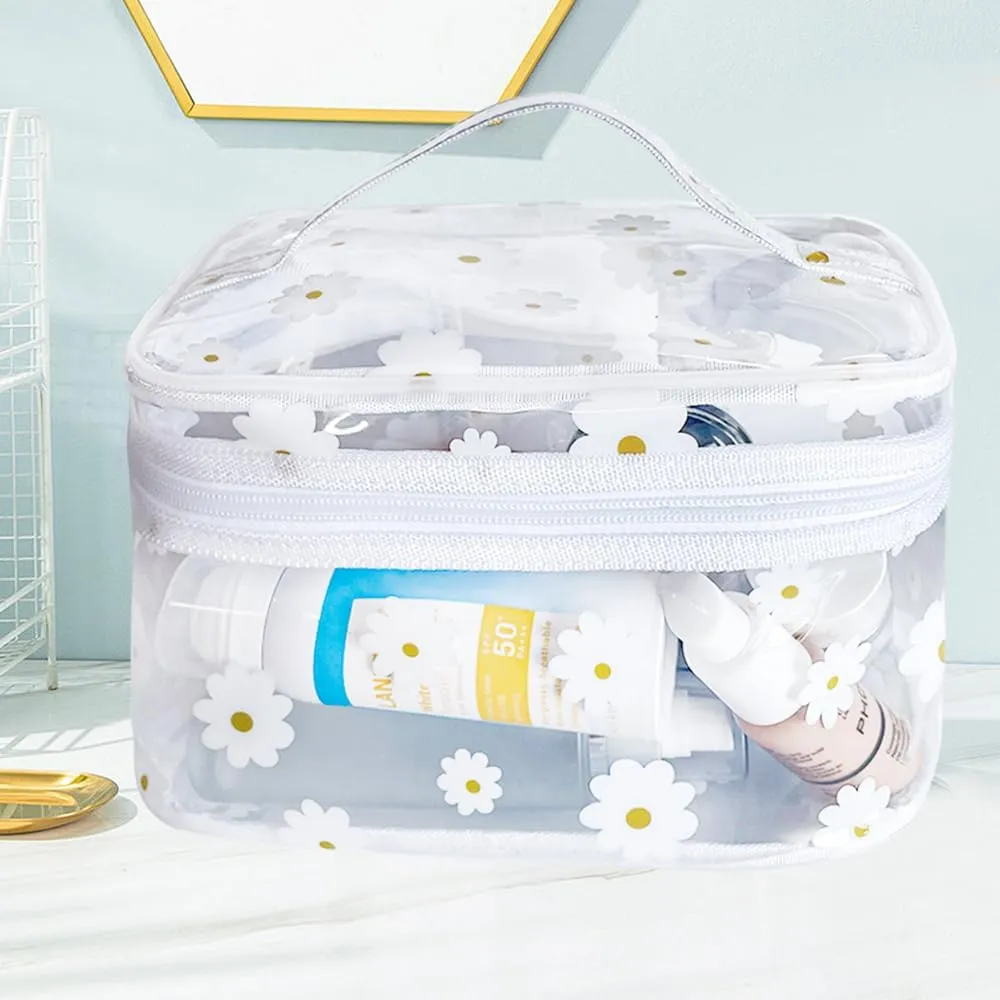 Clear White Flower Cosmetic Bag and Travel Pouch with Handle-Durable PVC Material,Versatile,Zipper Design for Smooth Sliding-Ideal for Makeup,Travel Essentials