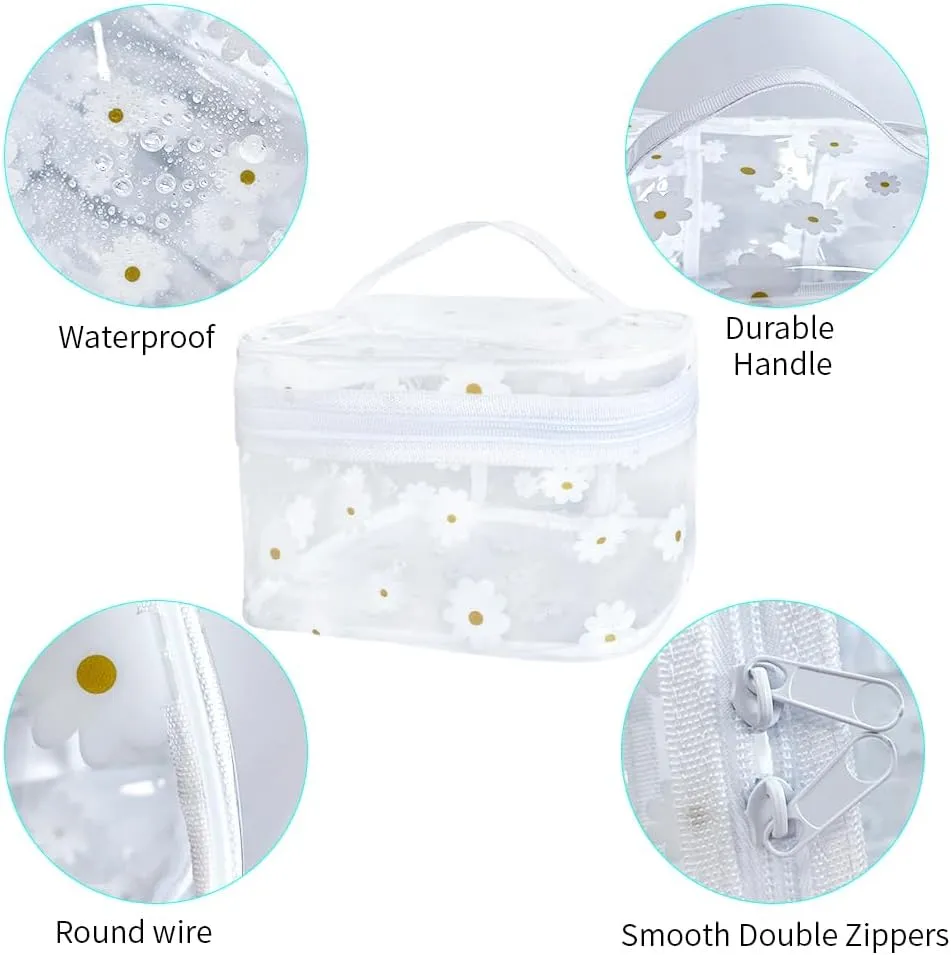 Clear White Flower Cosmetic Bag and Travel Pouch with Handle-Durable PVC Material,Versatile,Zipper Design for Smooth Sliding-Ideal for Makeup,Travel Essentials