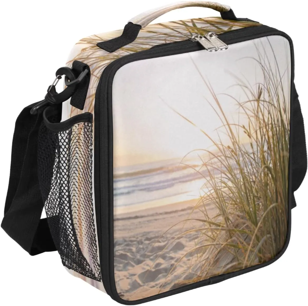 Coastal Beach Pattern Lunch Bag With Shoulder Strap and Mesh PocketsCoastal Reusable Insulated Lunch box Cooler Bag for Women Men Office Outdoor Work Picnic