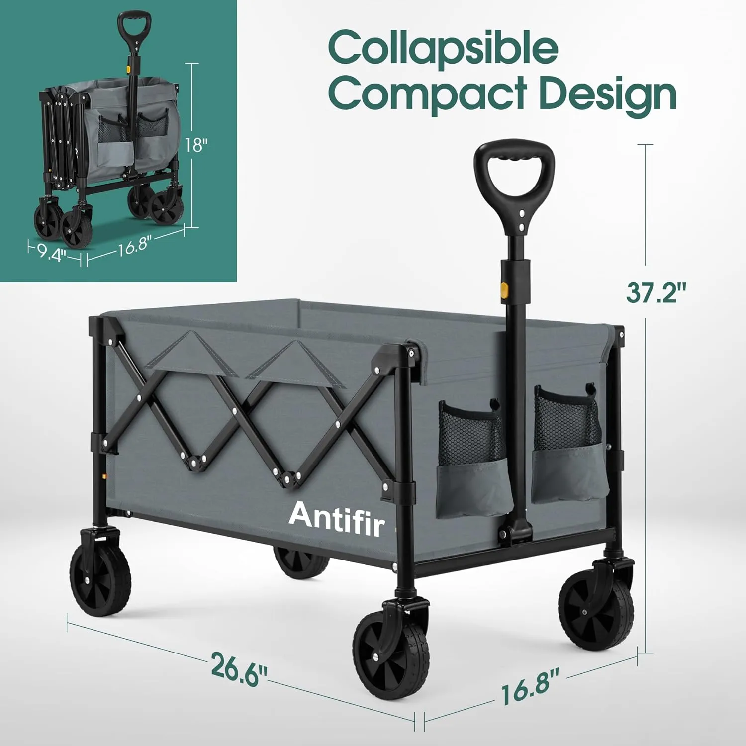 Collapsible Foldable Wagon with Wheels 360 LBS,Heavy Duty Folding Utility Cart for Groceries,Shopping,Garden,Camping,Outdoor,2 Drink Holders,Grey