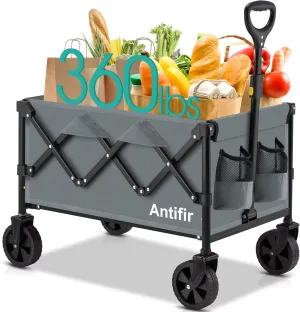 Collapsible Foldable Wagon with Wheels 360 LBS,Heavy Duty Folding Utility Cart for Groceries,Shopping,Garden,Camping,Outdoor,2 Drink Holders,Grey