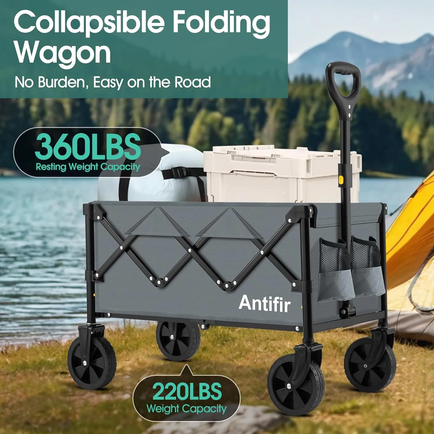 Collapsible Foldable Wagon with Wheels 360 LBS,Heavy Duty Folding Utility Cart for Groceries,Shopping,Garden,Camping,Outdoor,2 Drink Holders,Grey
