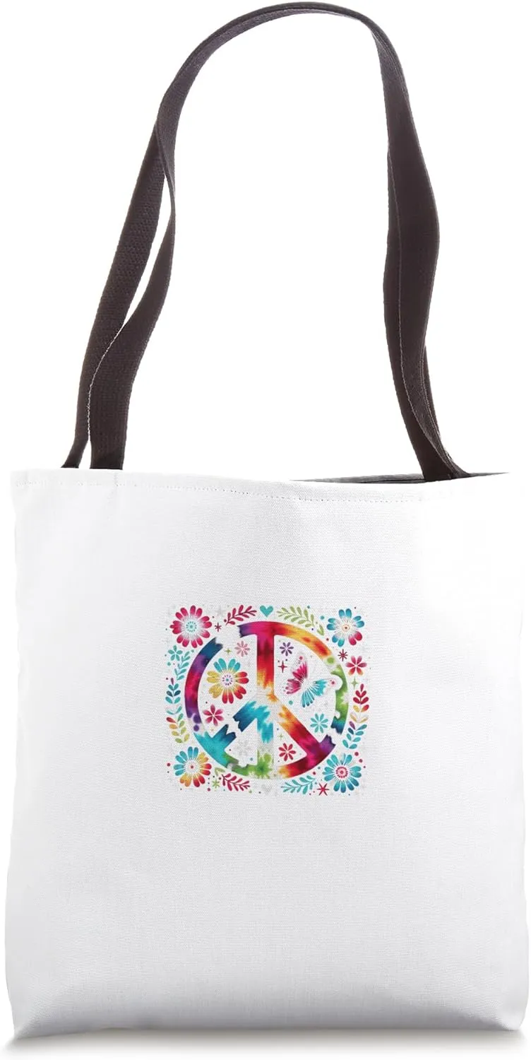 Colorful Heart Peace Design: Women's Hiking Love Emphasis Tote Bag