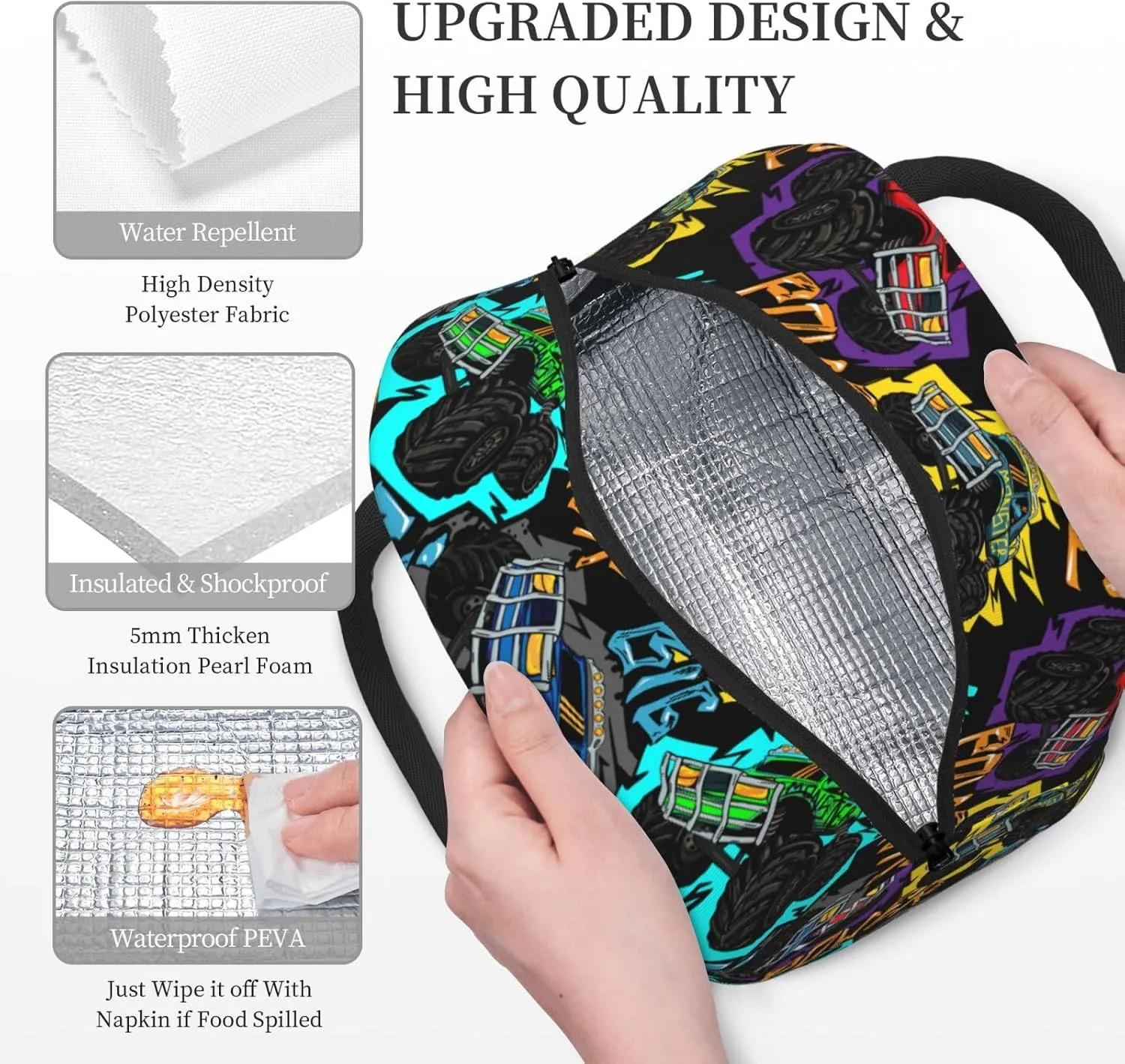 Colorful Monster Truck Car Insulated Lunch Bag Handbag lunchbox Food Container Gourmet Tote for School Office Work Picnic Travel