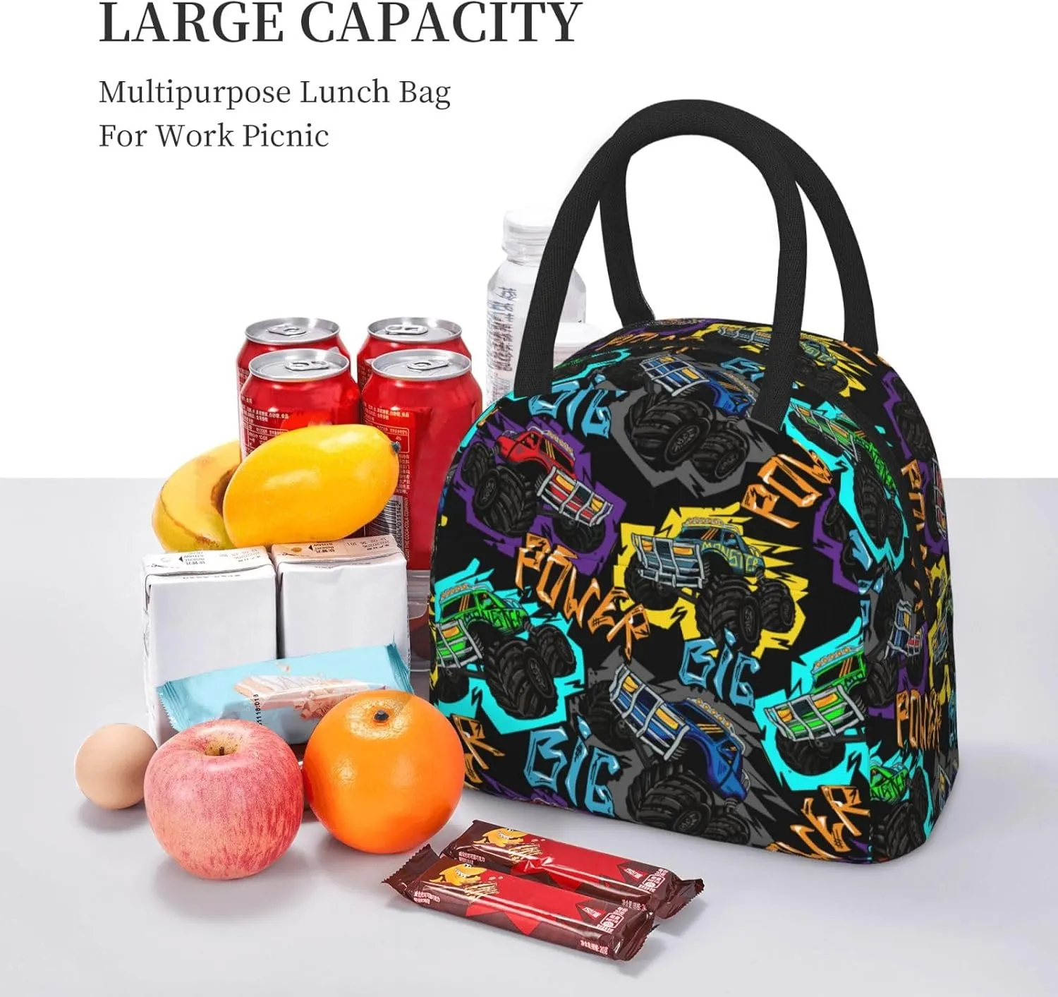 Colorful Monster Truck Car Insulated Lunch Bag Handbag lunchbox Food Container Gourmet Tote for School Office Work Picnic Travel