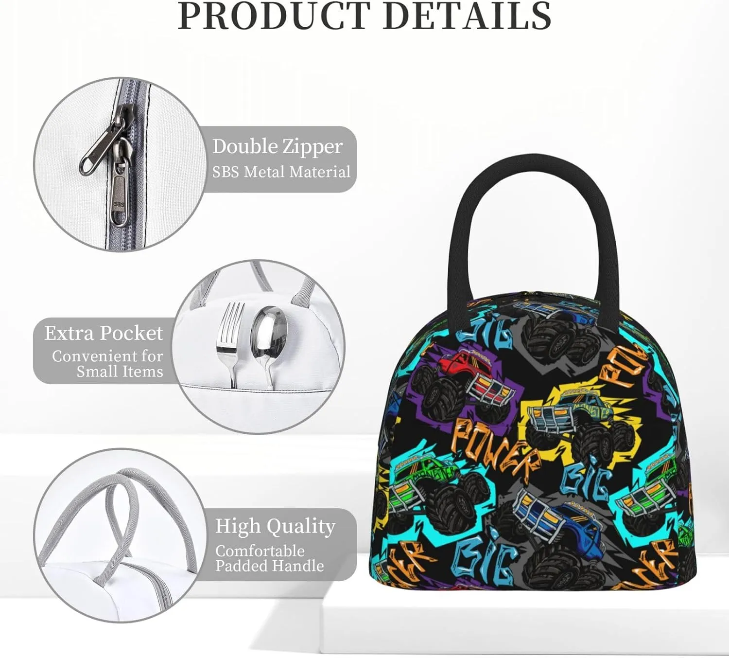 Colorful Monster Truck Car Insulated Lunch Bag Handbag lunchbox Food Container Gourmet Tote for School Office Work Picnic Travel