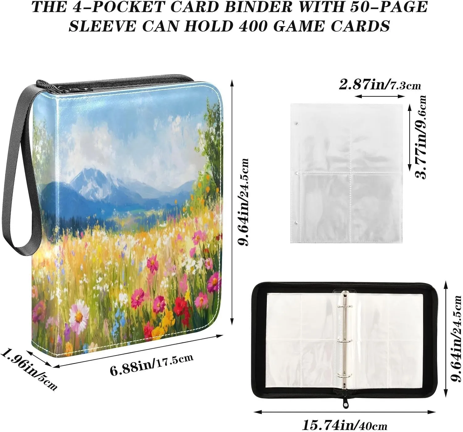Colorful Wildflowers Binder Cards 4-Pocket Photocard Holder Fits 400 Cards for Sports Cards, Game Cards