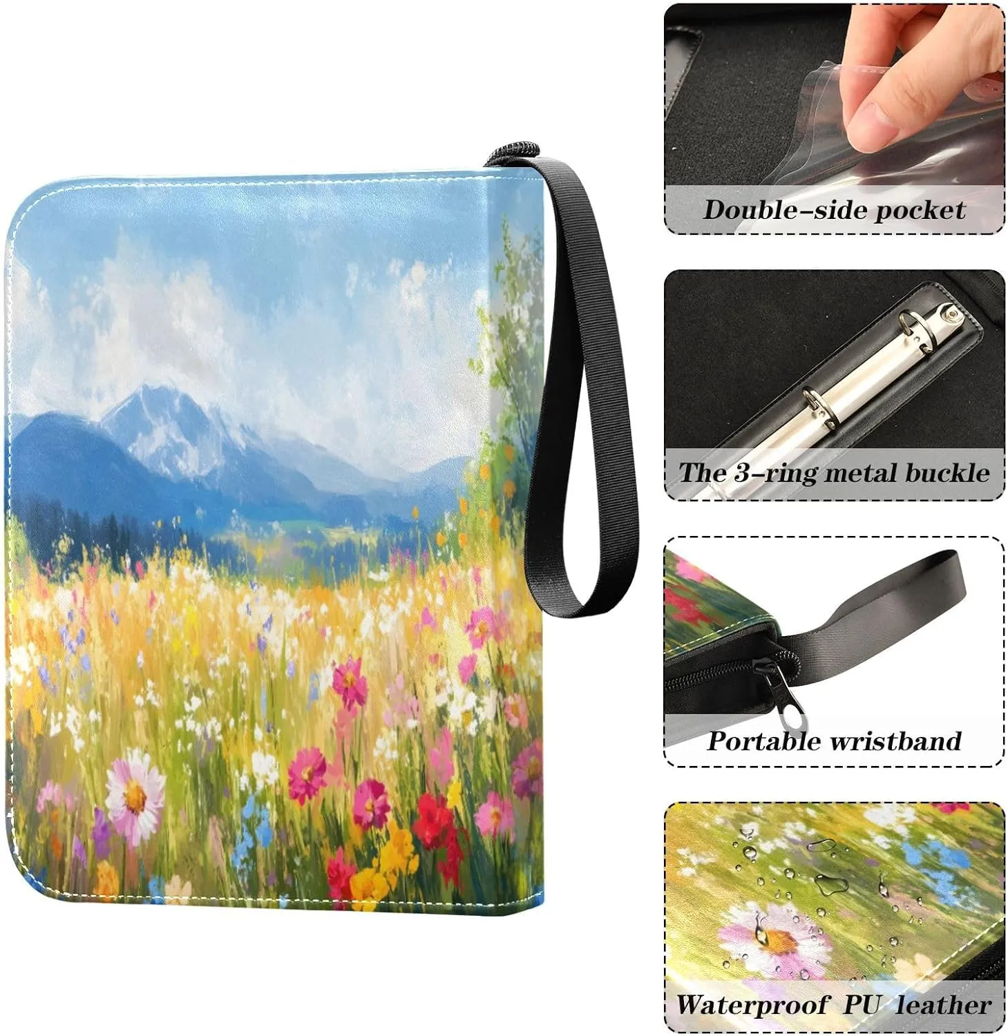 Colorful Wildflowers Binder Cards 4-Pocket Photocard Holder Fits 400 Cards for Sports Cards, Game Cards