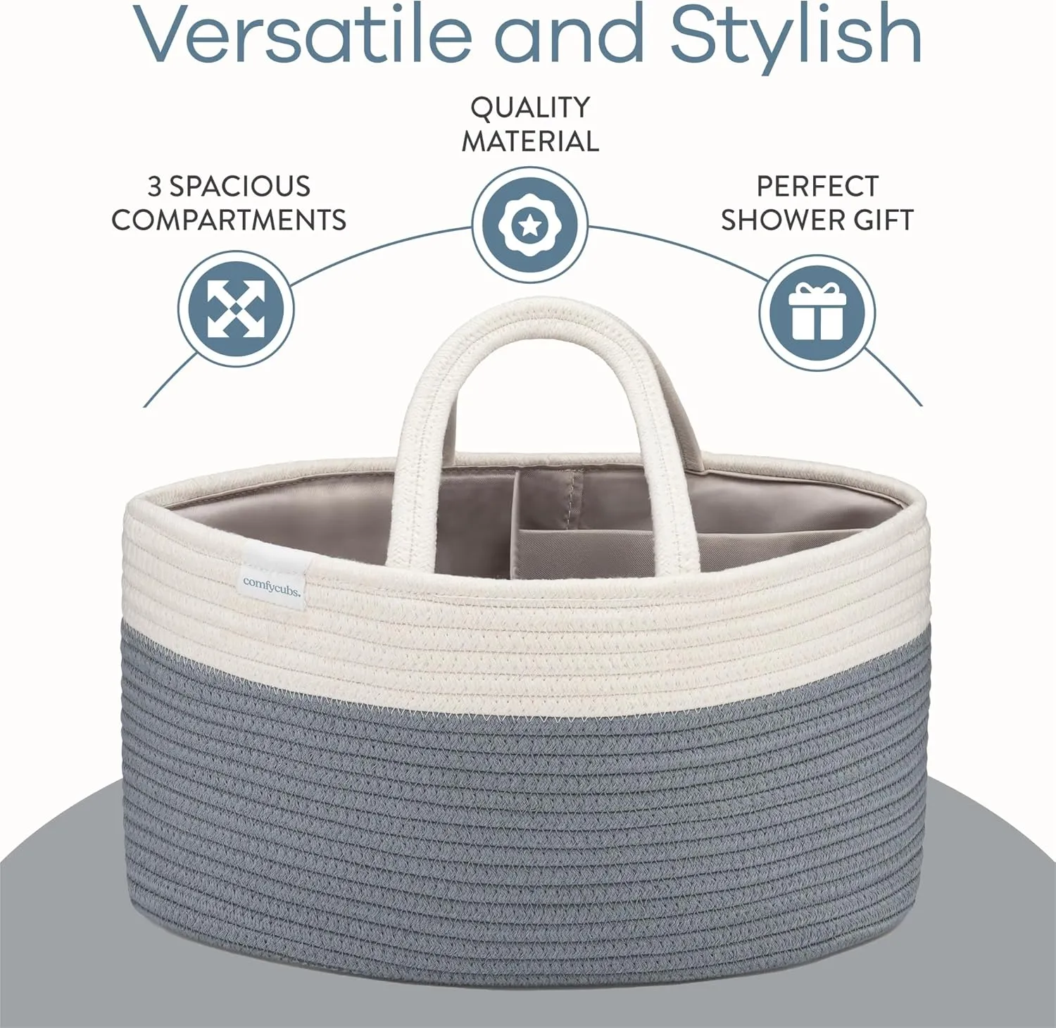 Comfy Cubs Rope Diaper Caddy Organizer 8.5" x 15" x 8" - Large Baby Diaper Basket with 3 Spacious Compartments - Stylish Cotton Baby Caddy Organizer for Diapers, Wipes & Essentials - Pacific Blue
