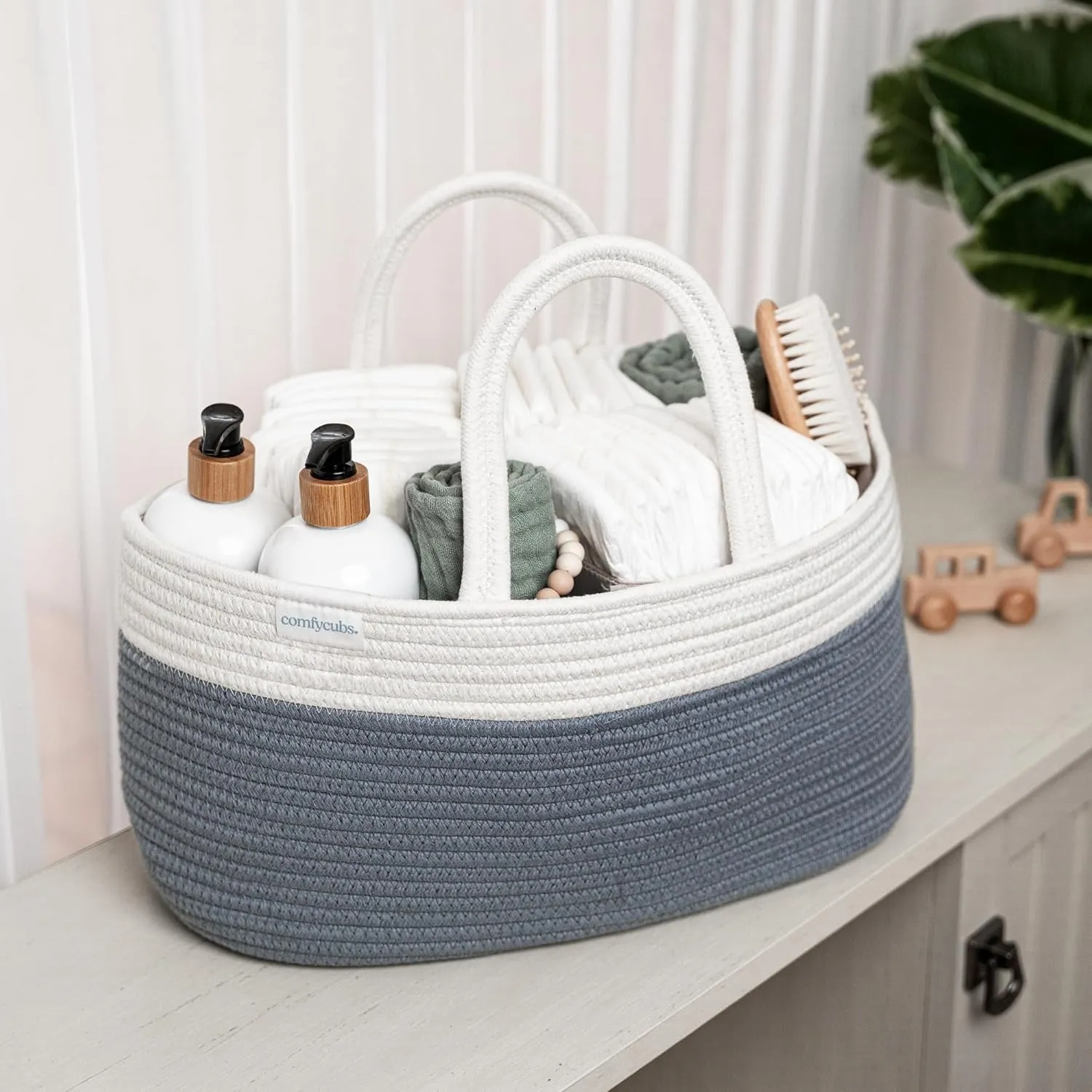 Comfy Cubs Rope Diaper Caddy Organizer 8.5" x 15" x 8" - Large Baby Diaper Basket with 3 Spacious Compartments - Stylish Cotton Baby Caddy Organizer for Diapers, Wipes & Essentials - Pacific Blue