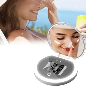 Compact Mirror with UV Camera, LED cosmetic mirror, Portable Travel Mirror for Sunscreen Test, 3 kinds of dimmable, hand held mirror, UV webcam, rechargeable