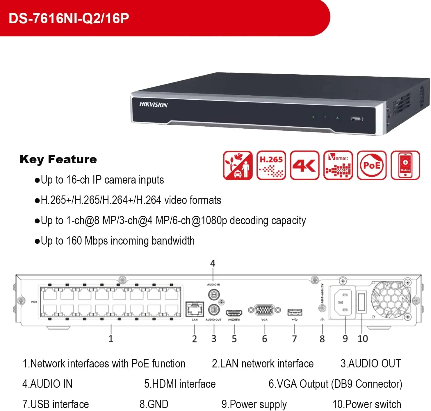 Compatible with Hikvision Security Camera System, 4K 16 Channel PoE DS-7616NI-Q2/16P NVR KIT, 8×DS-2CD2143G2-I Dome 2.8mm H.265  4MP IP Camera, Replacement Model for DS-2CD2142FWD-I, with 1TB HDD