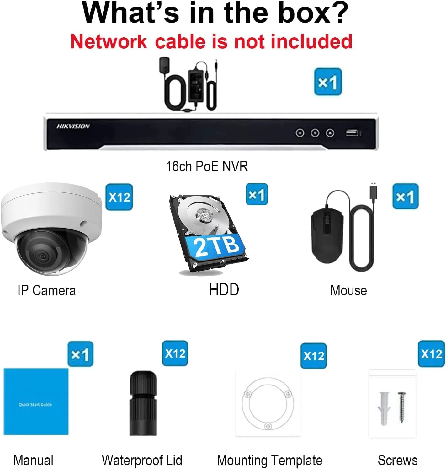 Compatible with Hikvision Security Surveillance IP Camera System, 12× DS-2CD2143G2-I (Replace DS-2CD2143G0-I & DS-2CD2142FWD-I) 4MP IR Dome IP Camera, 2.8mm Lens   DS-7616NI-Q2/16P 4K NVR POE H.265
