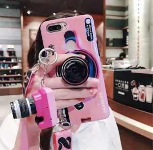 Compatible with iPhone 14 Plus Case (6.7 inch) with Lanyard, Cute iPhone Case Blue Ray Camera Style Cover with Keychain, Bling Lightweight Soft TPU Cover (Pink, iPhone 14 Plus)