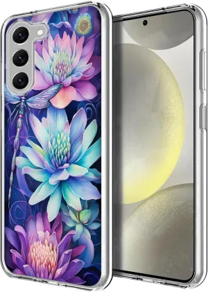 Compatible with Samsung Galaxy S24 Plus Case, Dragonfly Flower Aesthetic Art Design Soft TPU Full Body Protection Cover Clear Case Gift for Women Men