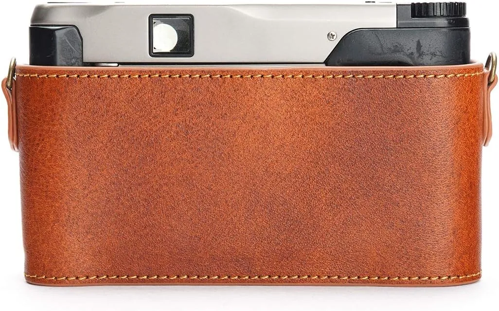 Contax TVS II Case, BolinUS Handmade Genuine Real Leather Half Camera Case Bag Cover for Contax TVS II Camera with Hand Strap (LavaBrown)