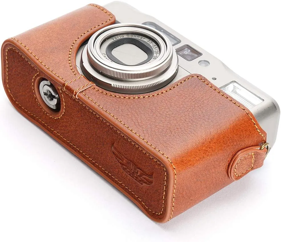 Contax TVS II Case, BolinUS Handmade Genuine Real Leather Half Camera Case Bag Cover for Contax TVS II Camera with Hand Strap (LavaBrown)