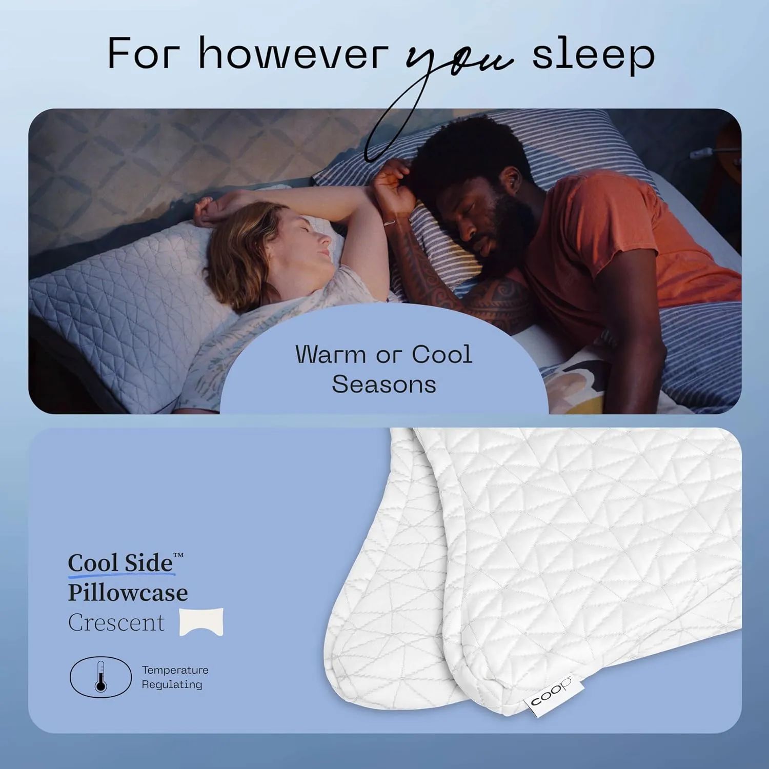 Coop Home Goods Cool Side Crescent Pillowcase, King Size Cooling Pillow Case for Hot Sleepers, Crescent Shape, Two-Sided Pillow Covers, Cozy Side & Cool Side, Ultra Soft Lulltra Cool Technology