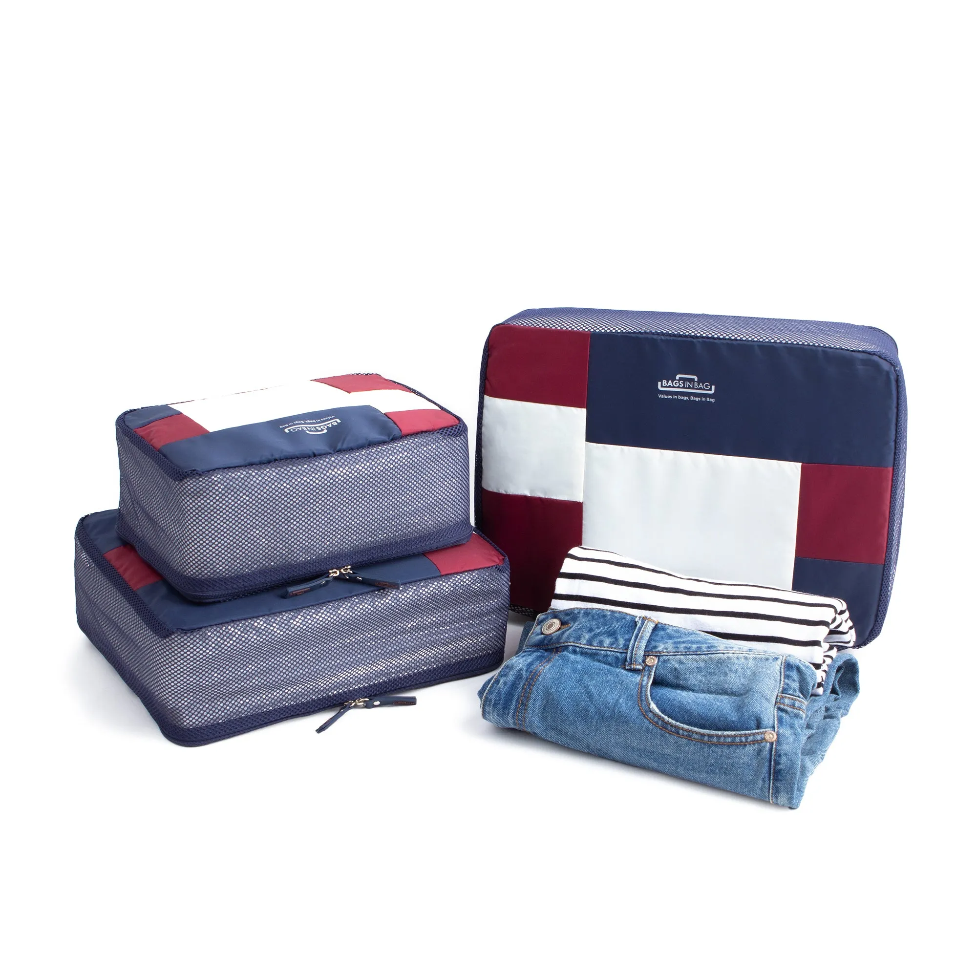 Copy of Bags in Bag Multi Size Colorful 3 Set Mesh Travel Organizer Packing Cubes | Navy Red White