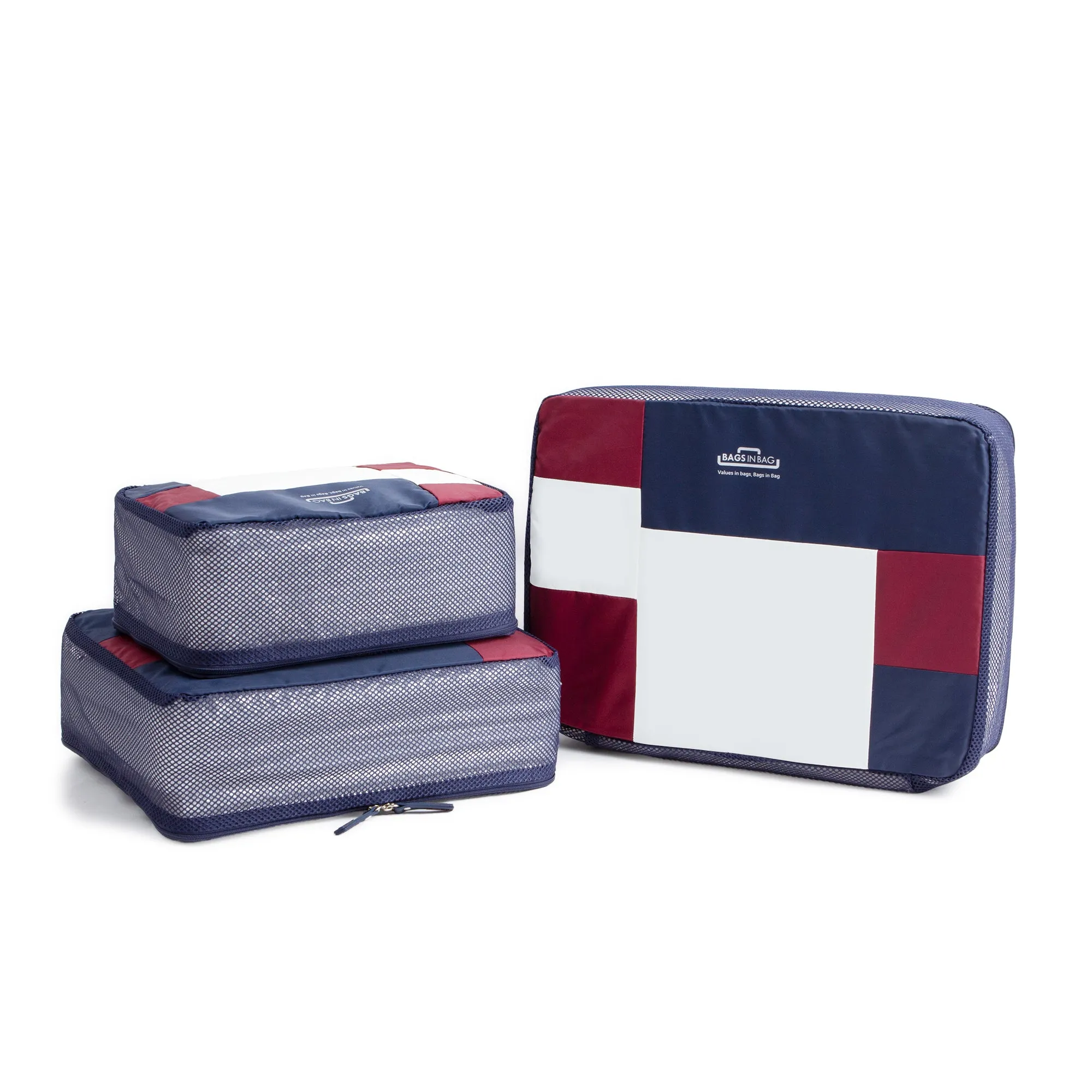 Copy of Bags in Bag Multi Size Colorful 3 Set Mesh Travel Organizer Packing Cubes | Navy Red White