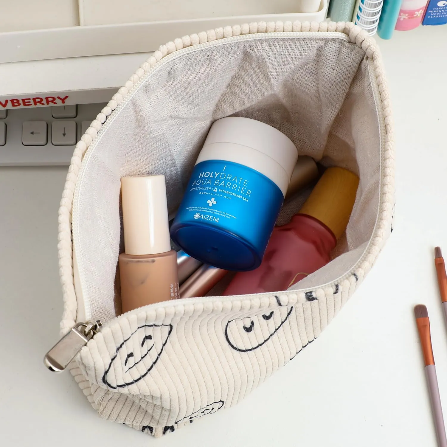 Cosmetic bag Makeup bag Preppy Cute Corduroy Toiletry bag for women travel essentials (Full beige)